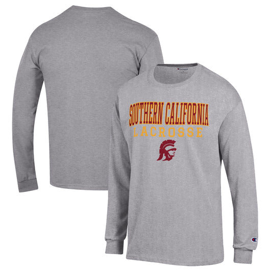 Men's Champion Heather Gray USC Trojans Stack Logo Lacrosse Powerblend Long Sleeve T-Shirt