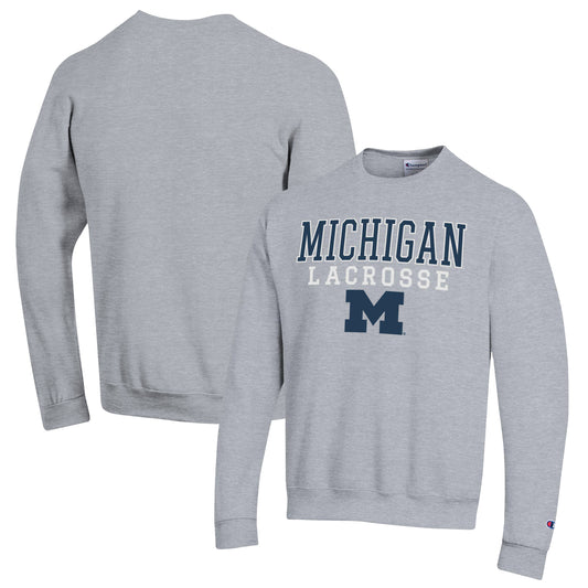 Men's Champion Heather Gray Michigan Wolverines Stack Logo Lacrosse Powerblend Pullover Sweatshirt