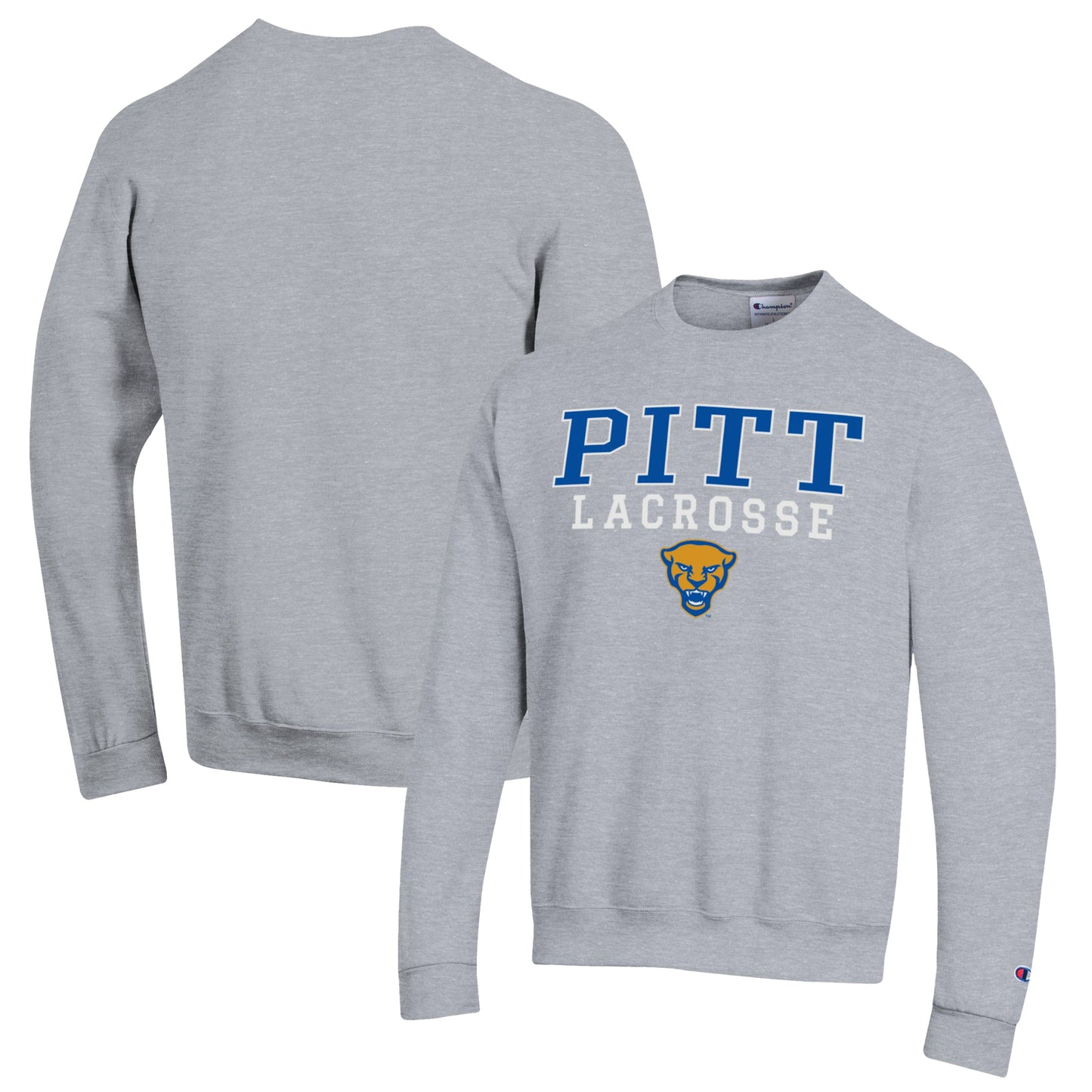 Men's Champion Heather Gray Pitt Panthers Stack Logo Lacrosse Powerblend Pullover Sweatshirt