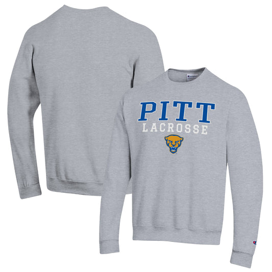 Men's Champion Heather Gray Pitt Panthers Stack Logo Lacrosse Powerblend Pullover Sweatshirt