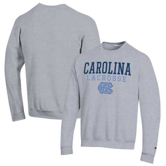 Men's Champion Heather Gray North Carolina Tar Heels Stack Logo Lacrosse Powerblend Pullover Sweatshirt