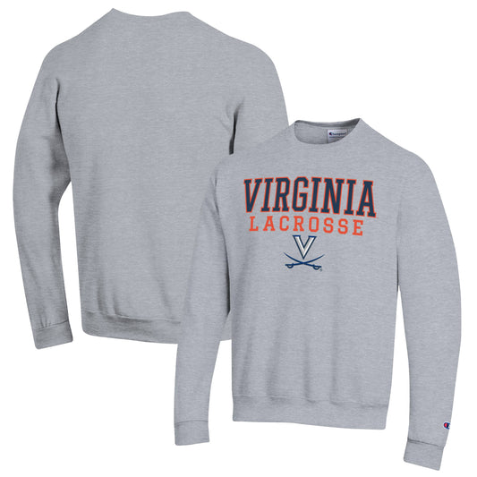 Men's Champion Heather Gray Virginia Cavaliers Stack Logo Lacrosse Powerblend Pullover Sweatshirt