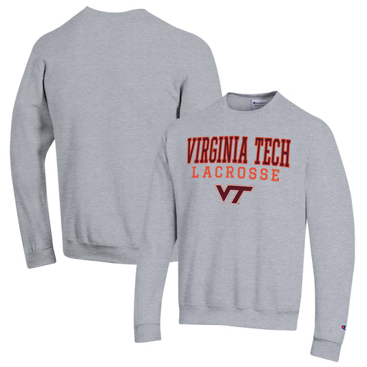 Men's Champion Heather Gray Virginia Tech Hokies Stack Logo Lacrosse Powerblend Pullover Sweatshirt