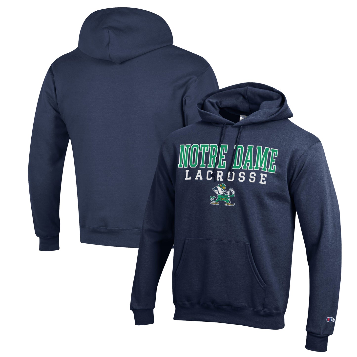 Men's Champion Navy Notre Dame Fighting Irish Stack Logo Lacrosse Powerblend Pullover Hoodie