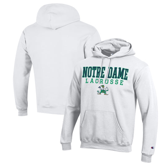 Men's Champion White Notre Dame Fighting Irish Stack Logo Lacrosse Powerblend Pullover Hoodie
