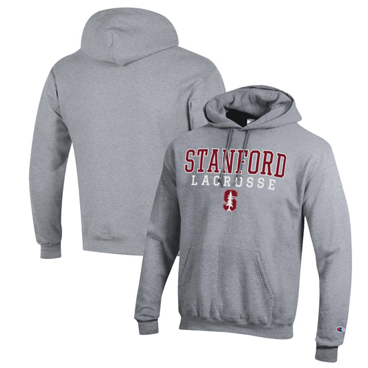 Men's Champion Heather Gray Stanford Cardinal Stack Logo Lacrosse Powerblend Pullover Hoodie