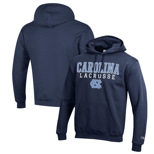 Men's Champion Navy North Carolina Tar Heels Stack Logo Lacrosse Powerblend Pullover Hoodie