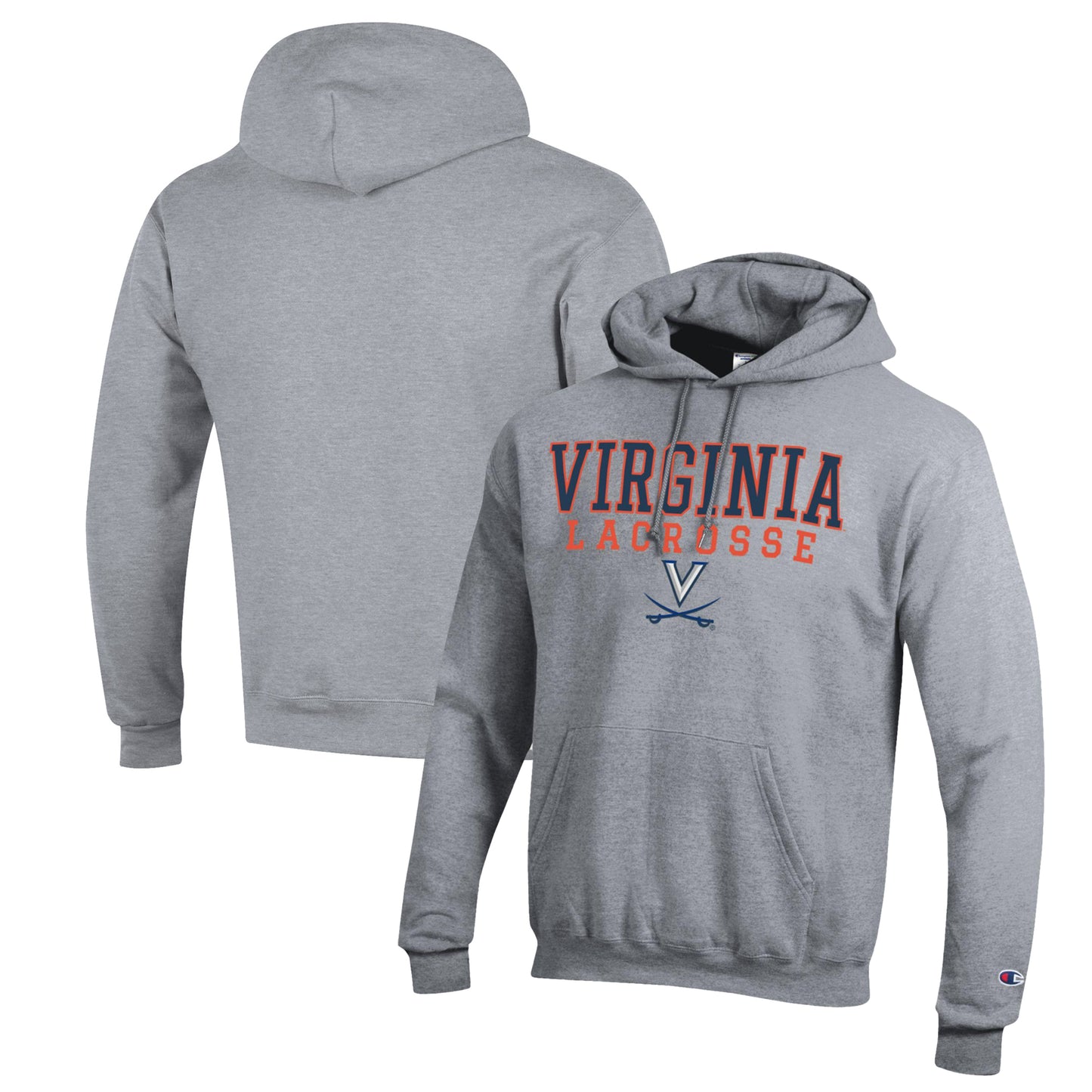 Men's Champion Heather Gray Virginia Cavaliers Stack Logo Lacrosse Powerblend Pullover Hoodie
