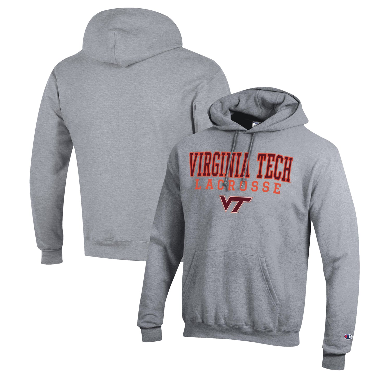 Men's Champion Heather Gray Virginia Tech Hokies Stack Logo Lacrosse Powerblend Pullover Hoodie