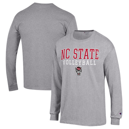 Men's Champion Heather Gray NC State Wolfpack Stack Logo Volleyball Powerblend Long Sleeve T-Shirt