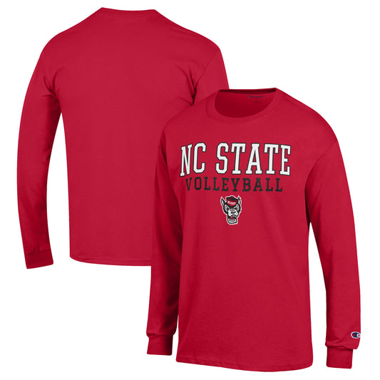 Men's Champion Red NC State Wolfpack Stack Logo Volleyball Powerblend Long Sleeve T-Shirt