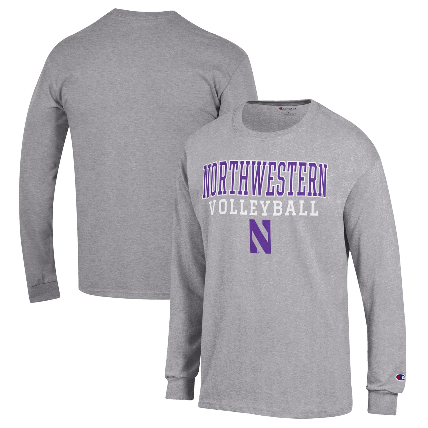 Men's Champion Heather Gray Northwestern Wildcats Stack Logo Volleyball Powerblend Long Sleeve T-Shirt