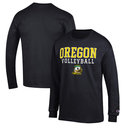 Men's Champion Black Oregon Ducks Stack Logo Volleyball Powerblend Long Sleeve T-Shirt