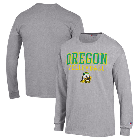 Men's Champion Heather Gray Oregon Ducks Stack Logo Volleyball Powerblend Long Sleeve T-Shirt