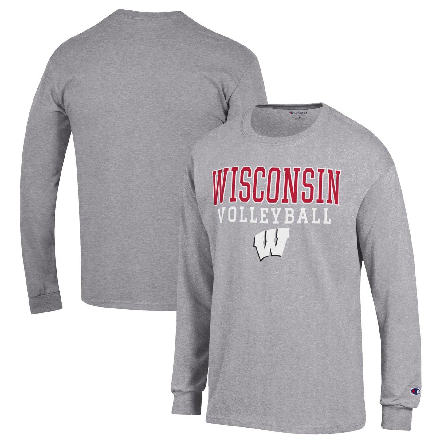 Men's Champion Heather Gray Wisconsin Badgers Stack Logo Volleyball Powerblend Long Sleeve T-Shirt