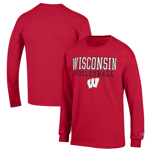 Men's Champion Red Wisconsin Badgers Stack Logo Volleyball Powerblend Long Sleeve T-Shirt