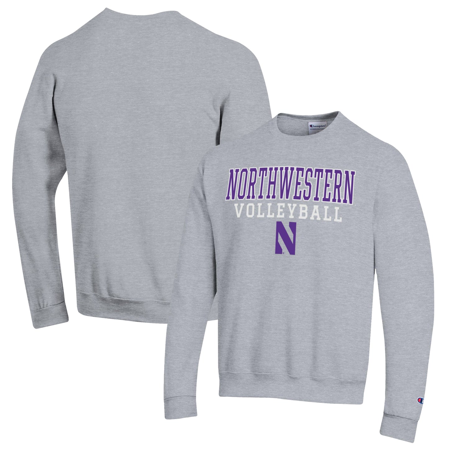 Men's Champion Heather Gray Northwestern Wildcats Stack Logo Volleyball Powerblend Pullover Sweatshirt