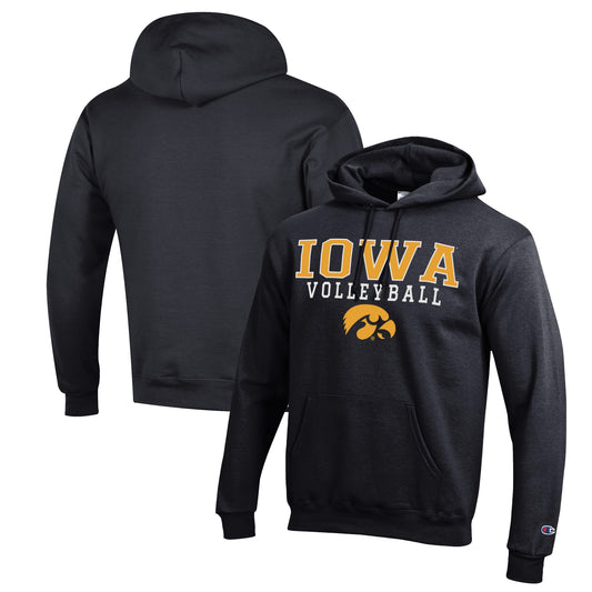 Men's Champion Black Iowa Hawkeyes Stack Logo Volleyball Powerblend Pullover Hoodie