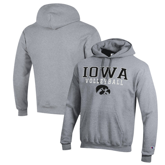 Men's Champion Heather Gray Iowa Hawkeyes Stack Logo Volleyball Powerblend Pullover Hoodie