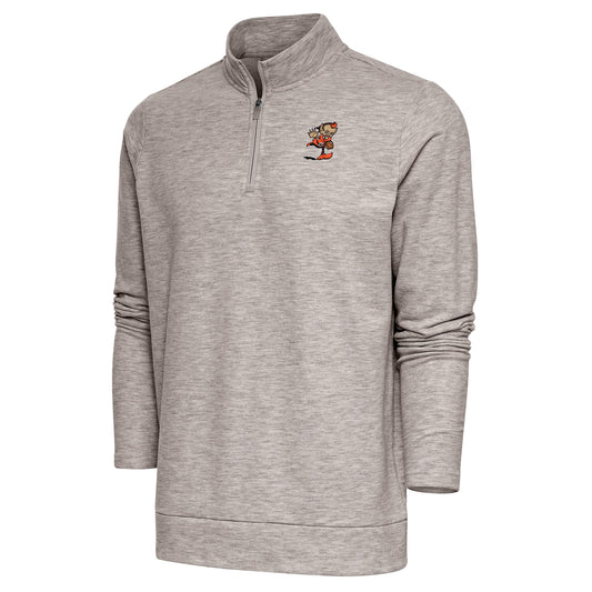 Men's Antigua Oatmeal Cleveland Browns Team Logo Gambit Quarter-Zip Pullover Top