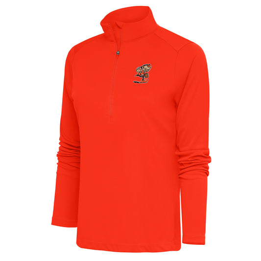 Women's Antigua Orange Cleveland Browns Primary Team Logo Tribute Quarter-Zip Pullover Top