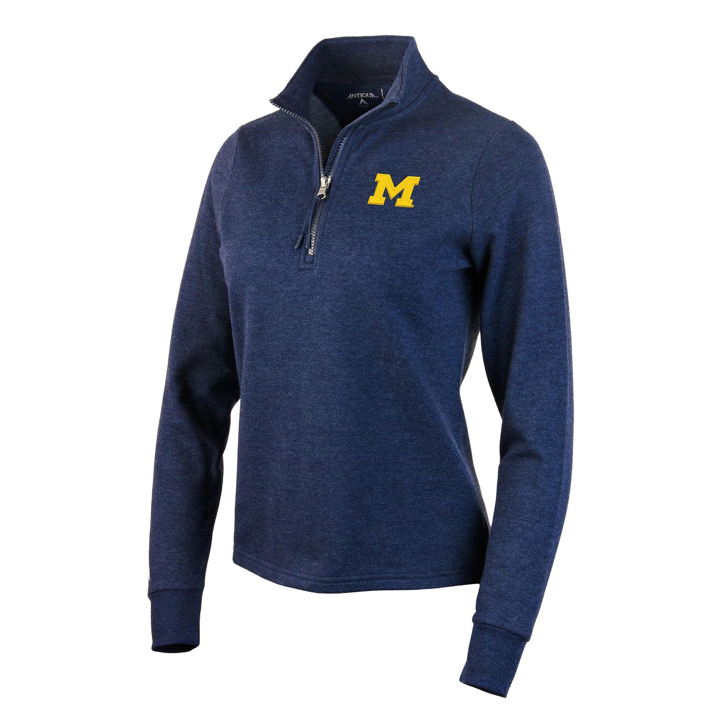 Women's Antigua Heather Navy Michigan Wolverines Action Quarter-Zip Pullover Sweatshirt
