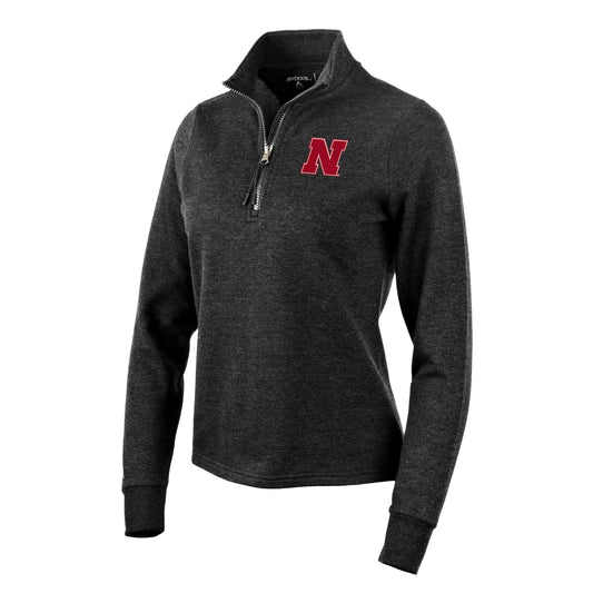 Women's Antigua Heather Black Nebraska Huskers Action Quarter-Zip Pullover Sweatshirt