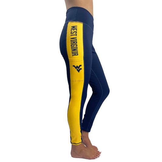 Women's Navy West Virginia Mountaineers Panel Cell Phone Pocket Leggings