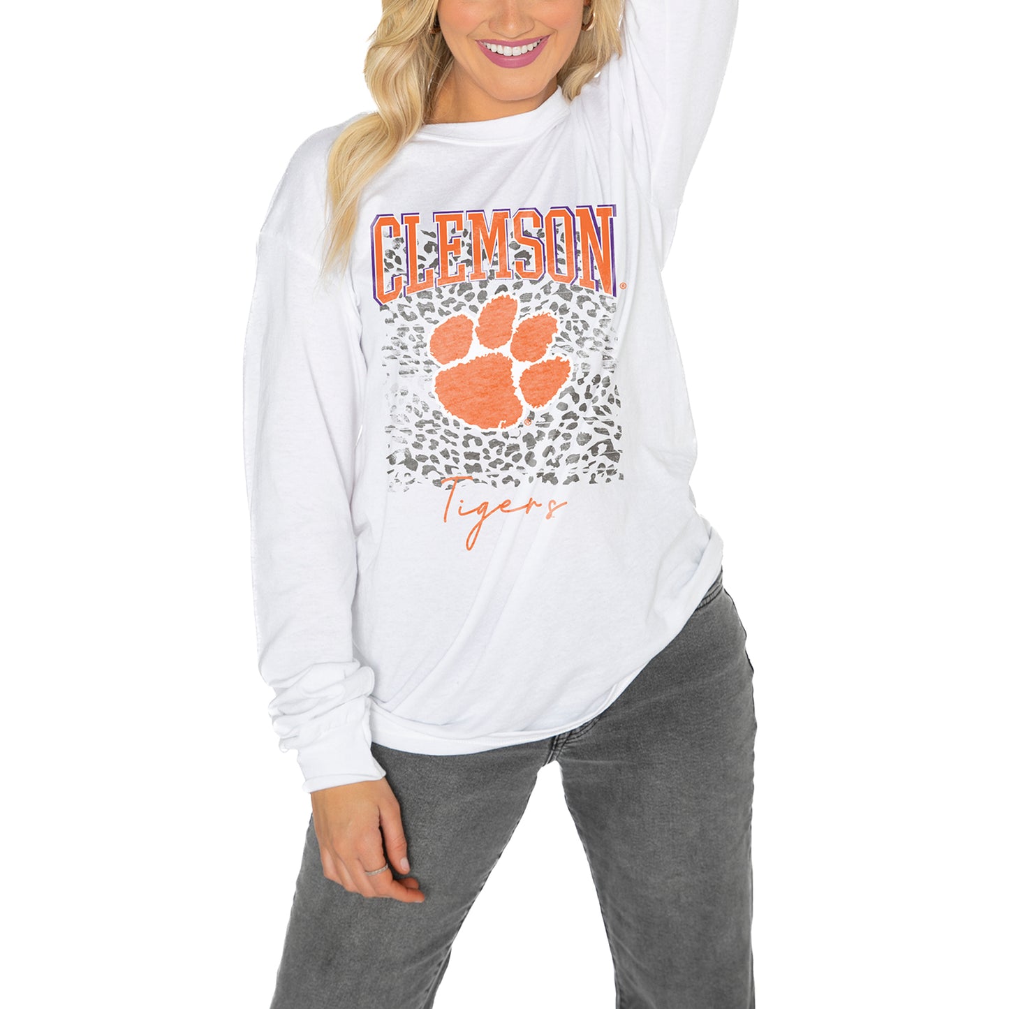 Women's Gameday Couture White Clemson Tigers Boyfriend Fit Long Sleeve T-Shirt