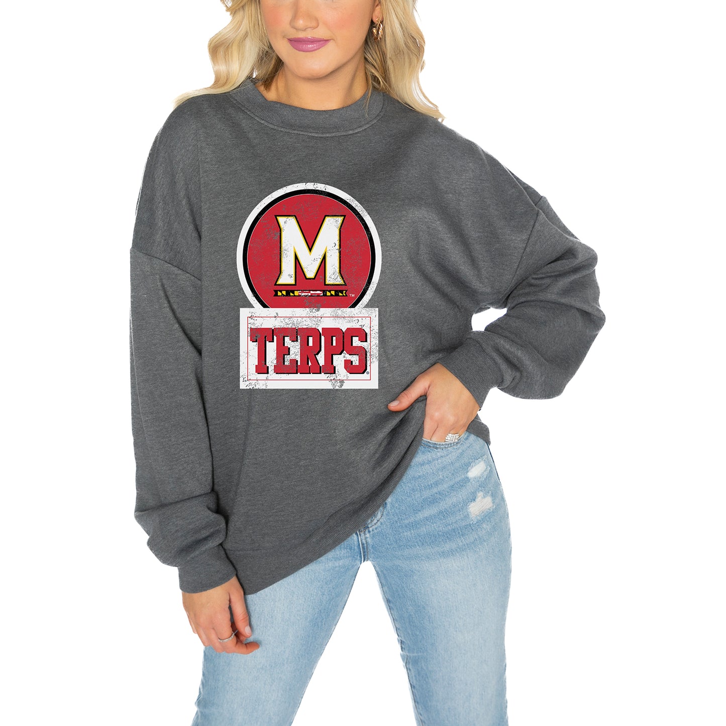 Women's Gameday Couture Charcoal Maryland Terrapins Drop Shoulder Fleece Drop Pullover Sweatshirt