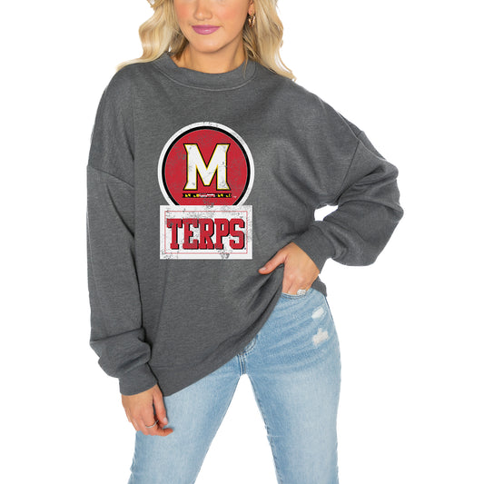 Women's Gameday Couture Charcoal Maryland Terrapins Drop Shoulder Fleece Drop Pullover Sweatshirt