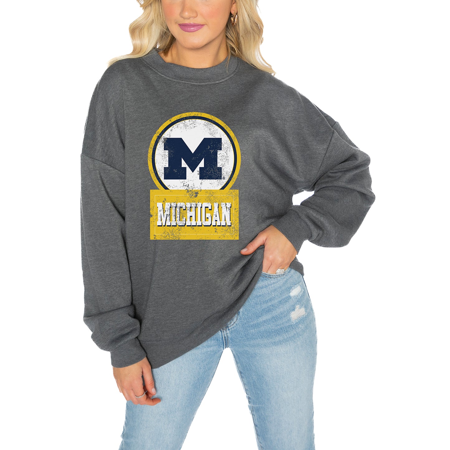 Women's Gameday Couture Charcoal Michigan Wolverines Drop Shoulder Fleece Drop Pullover Sweatshirt