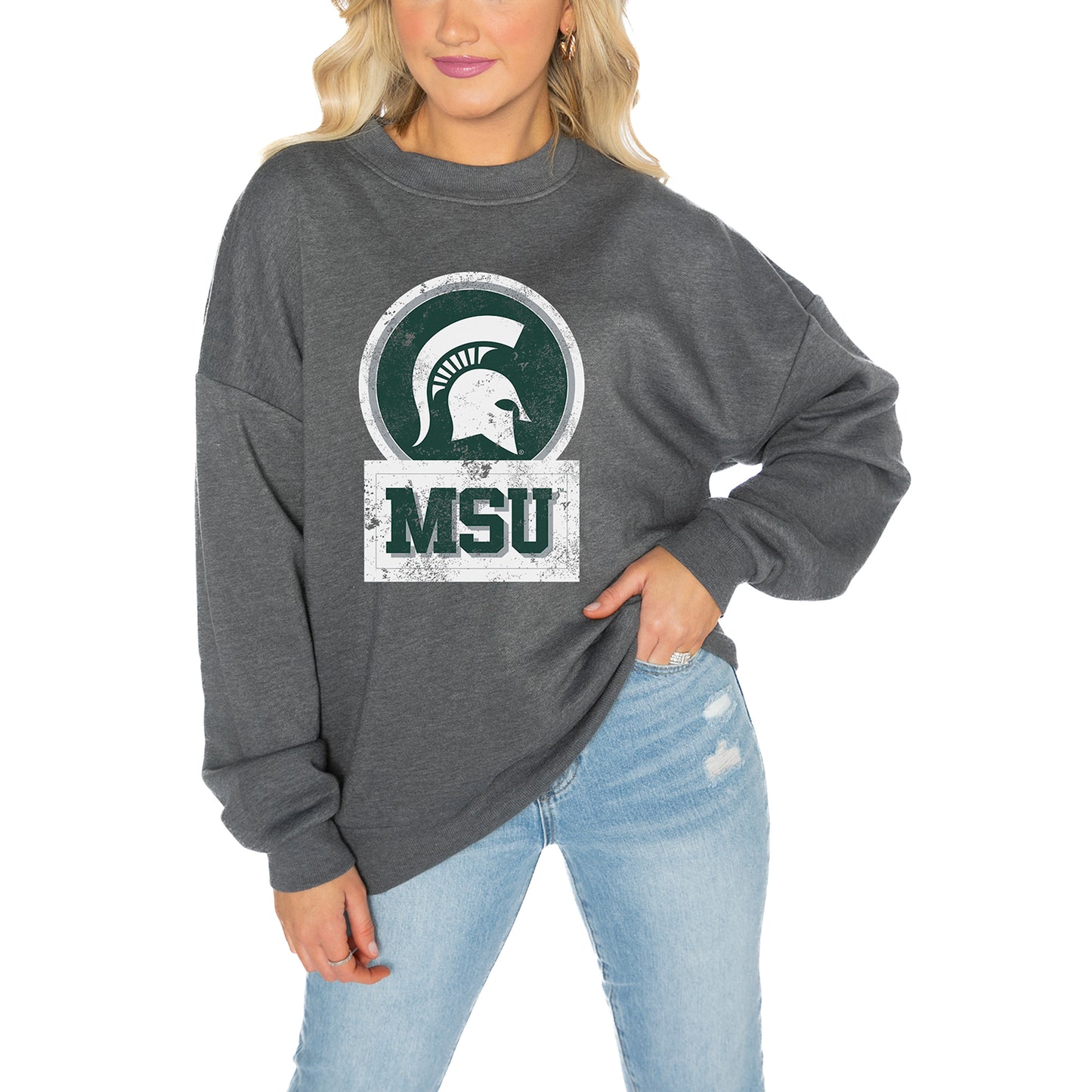 Women's Gameday Couture Charcoal Michigan State Spartans Drop Shoulder Fleece Drop Pullover Sweatshirt