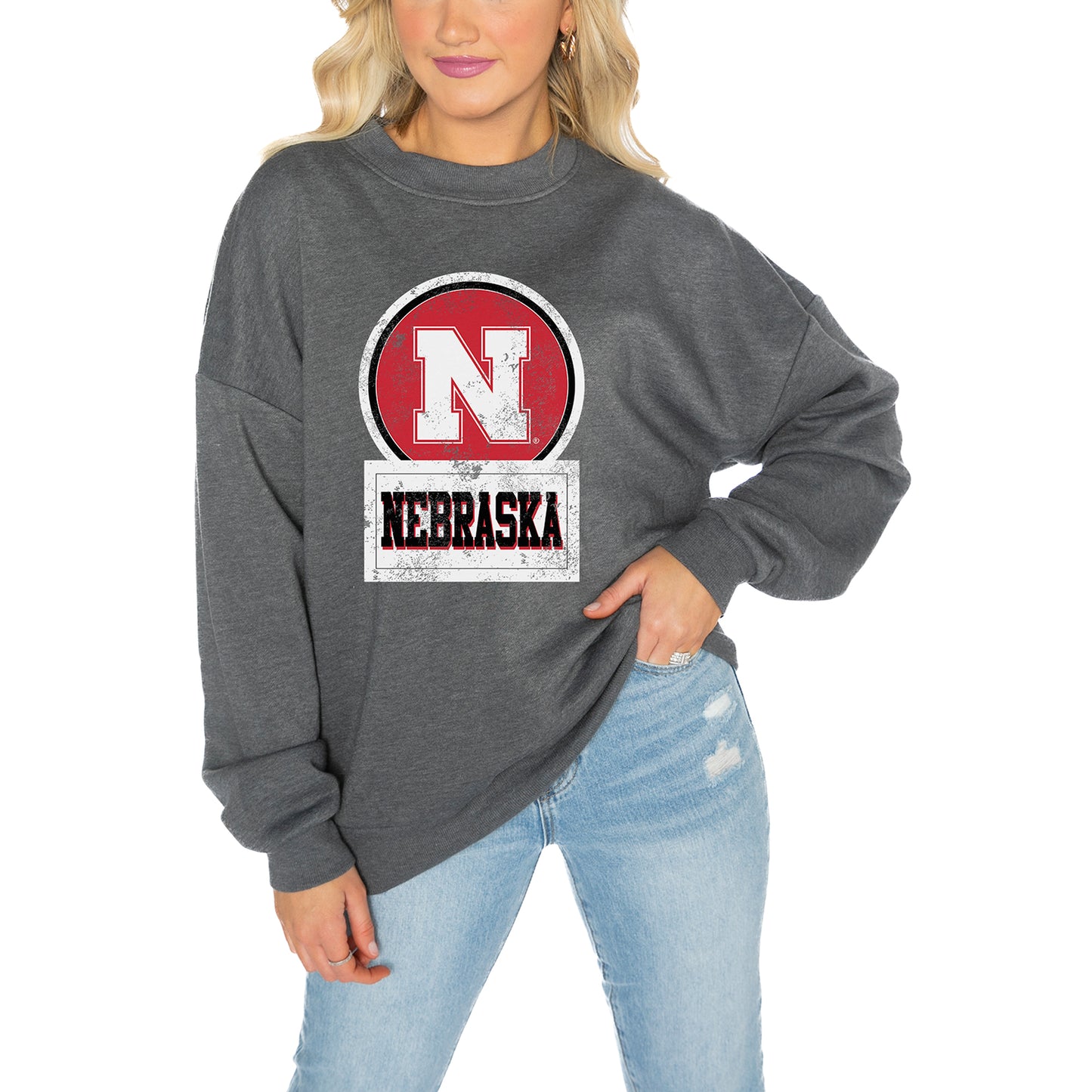 Women's Gameday Couture Charcoal Nebraska Huskers Drop Shoulder Fleece Drop Pullover Sweatshirt