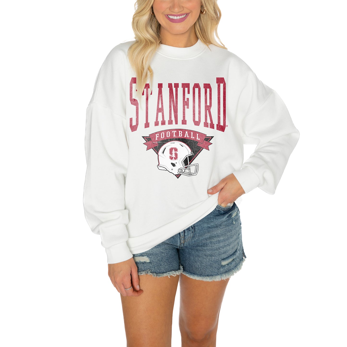 Women's Gameday Couture White Stanford Cardinal Drop Shoulder Fleece Drop Pullover Sweatshirt