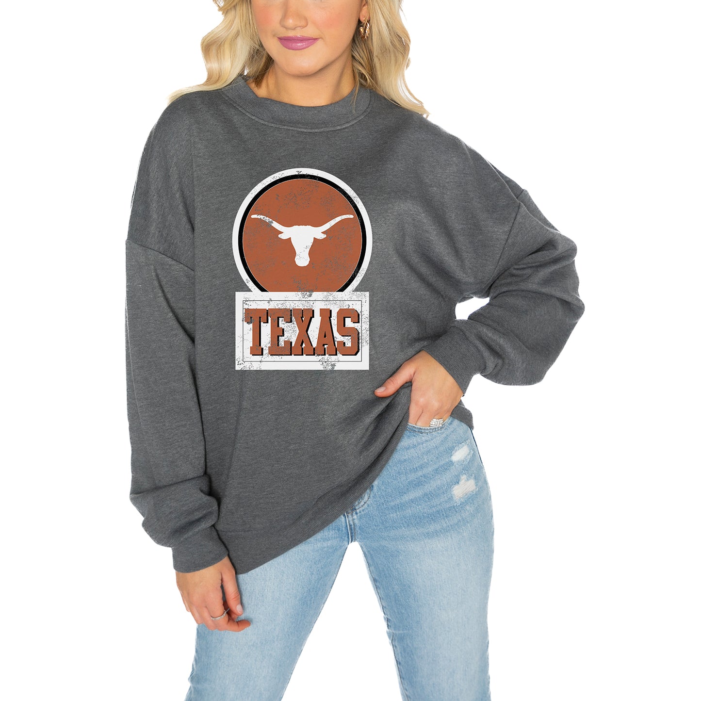 Women's Gameday Couture Charcoal Texas Longhorns Drop Shoulder Fleece Drop Pullover Sweatshirt