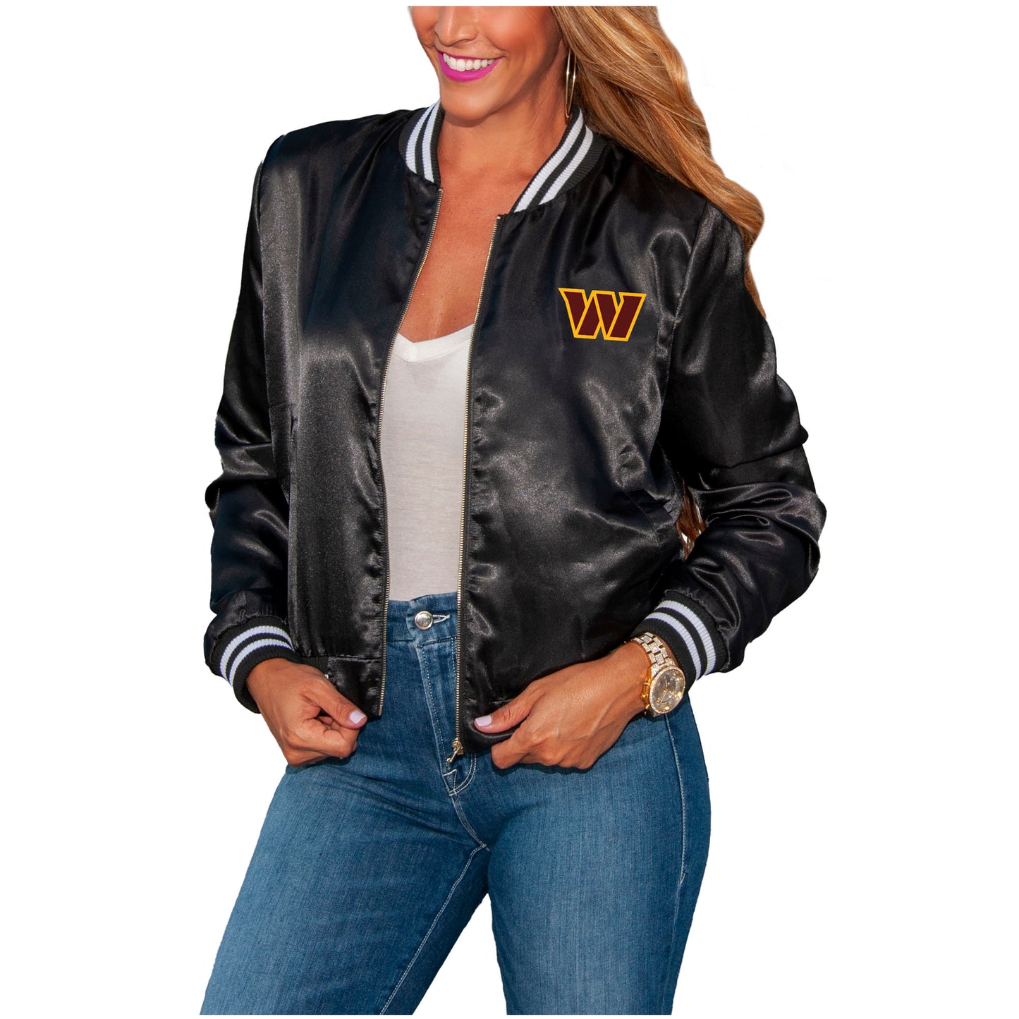 Women's Cuce Black Washington Commanders Full-Zip Logo Varsity Jacket