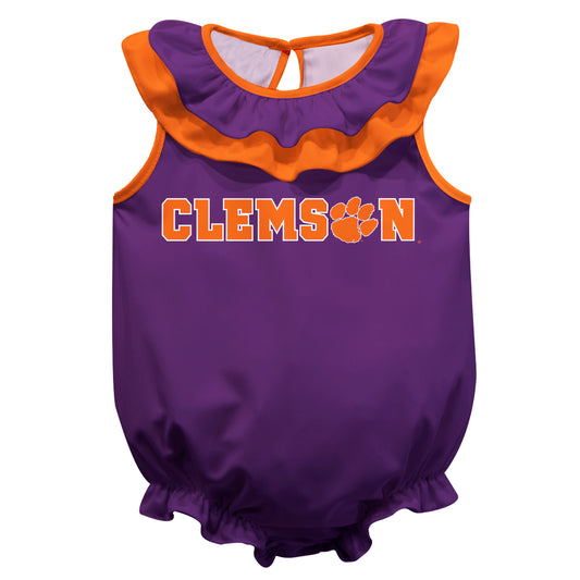 Girls Infant Purple Clemson Tigers Sleeveless Ruffle Bodysuit