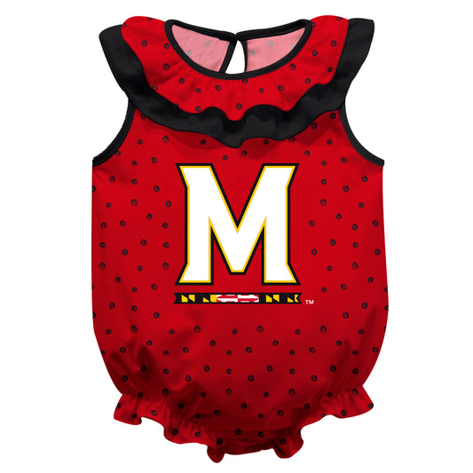 Girls Infant Red Maryland Terrapins Sleeveless Swirls Ruffle Bodysuit