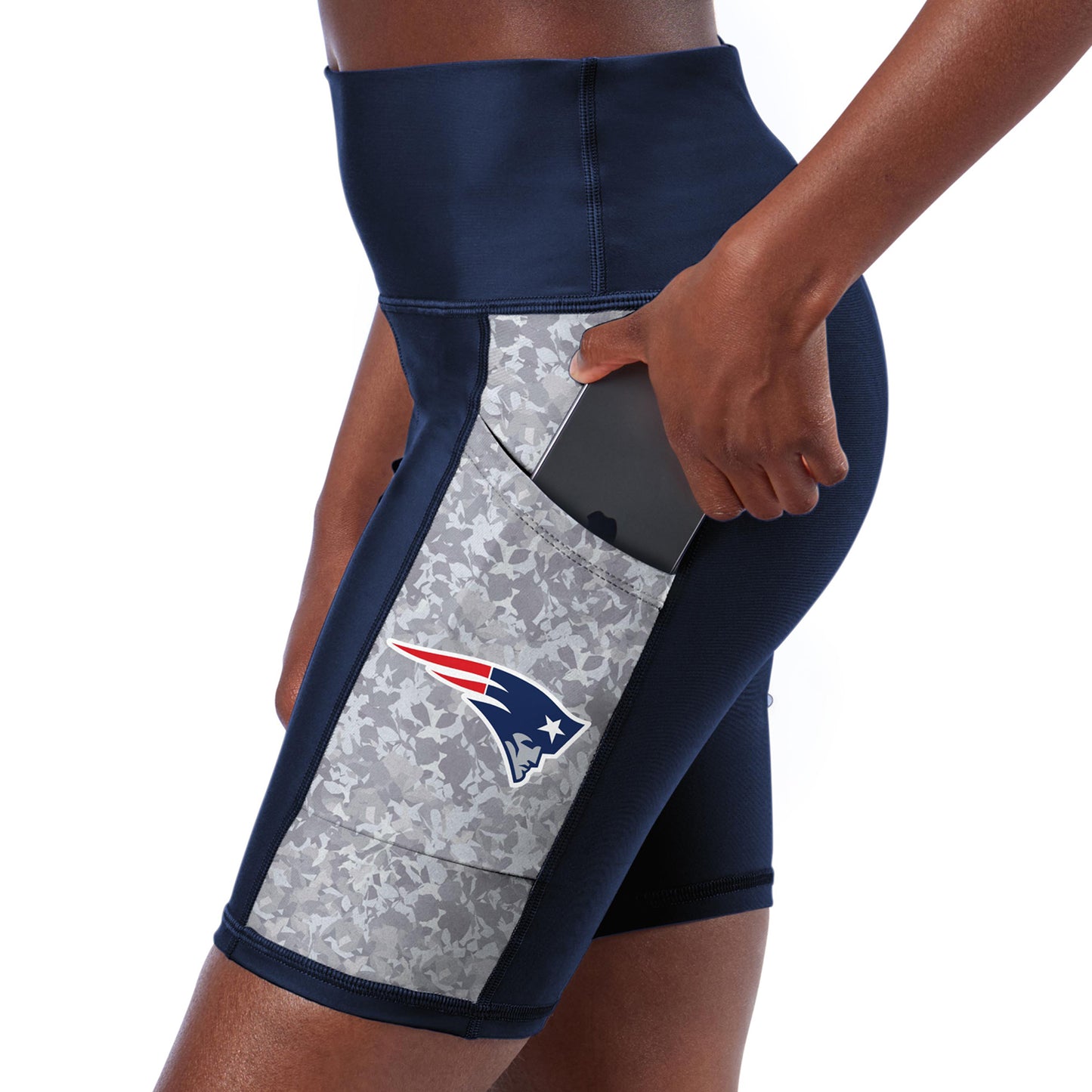 Women's Certo Navy New England Patriots High Waist Logo Two-Pocket Biker Shorts