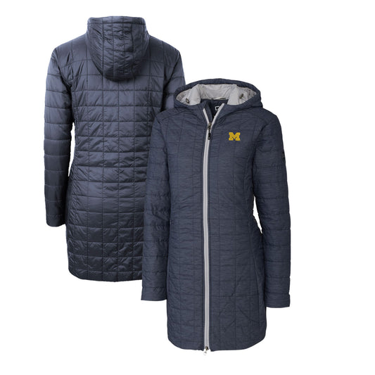 Women's Cutter & Buck Heather Navy Michigan Wolverines Rainier Primaloft Eco Hooded Long Coat