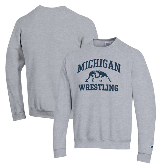 Men's Champion Gray Michigan Wolverines Wrestling Icon Powerblend Pullover Sweatshirt
