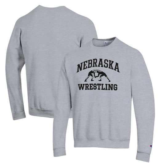 Men's Champion Gray Nebraska Huskers Wrestling Icon Powerblend Pullover Sweatshirt