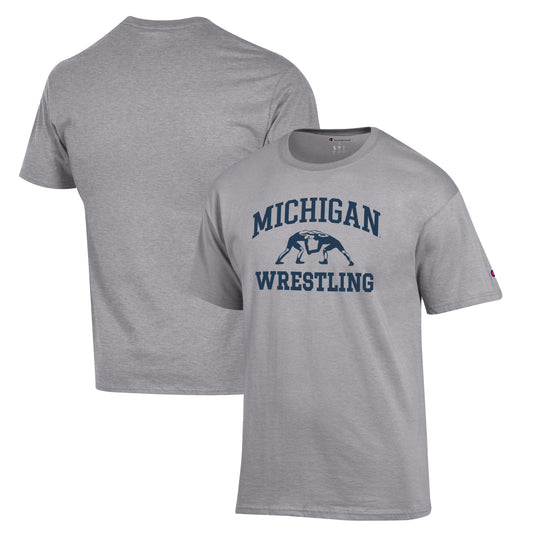 Men's Champion Gray Michigan Wolverines Wrestling Icon T-Shirt