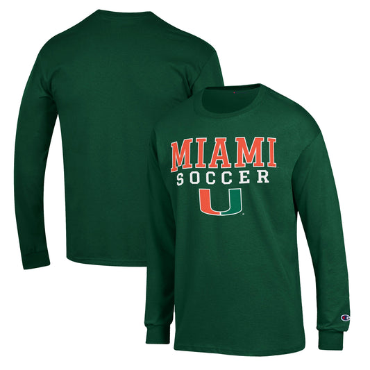 Men's Champion Green Miami Hurricanes Soccer Stack Logo Long Sleeve T-Shirt