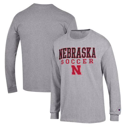 Men's Champion Gray Nebraska Huskers Soccer Stack Logo Long Sleeve T-Shirt