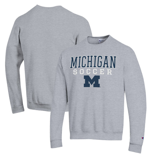 Men's Champion Gray Michigan Wolverines Soccer Stack Logo Powerblend Pullover Sweatshirt