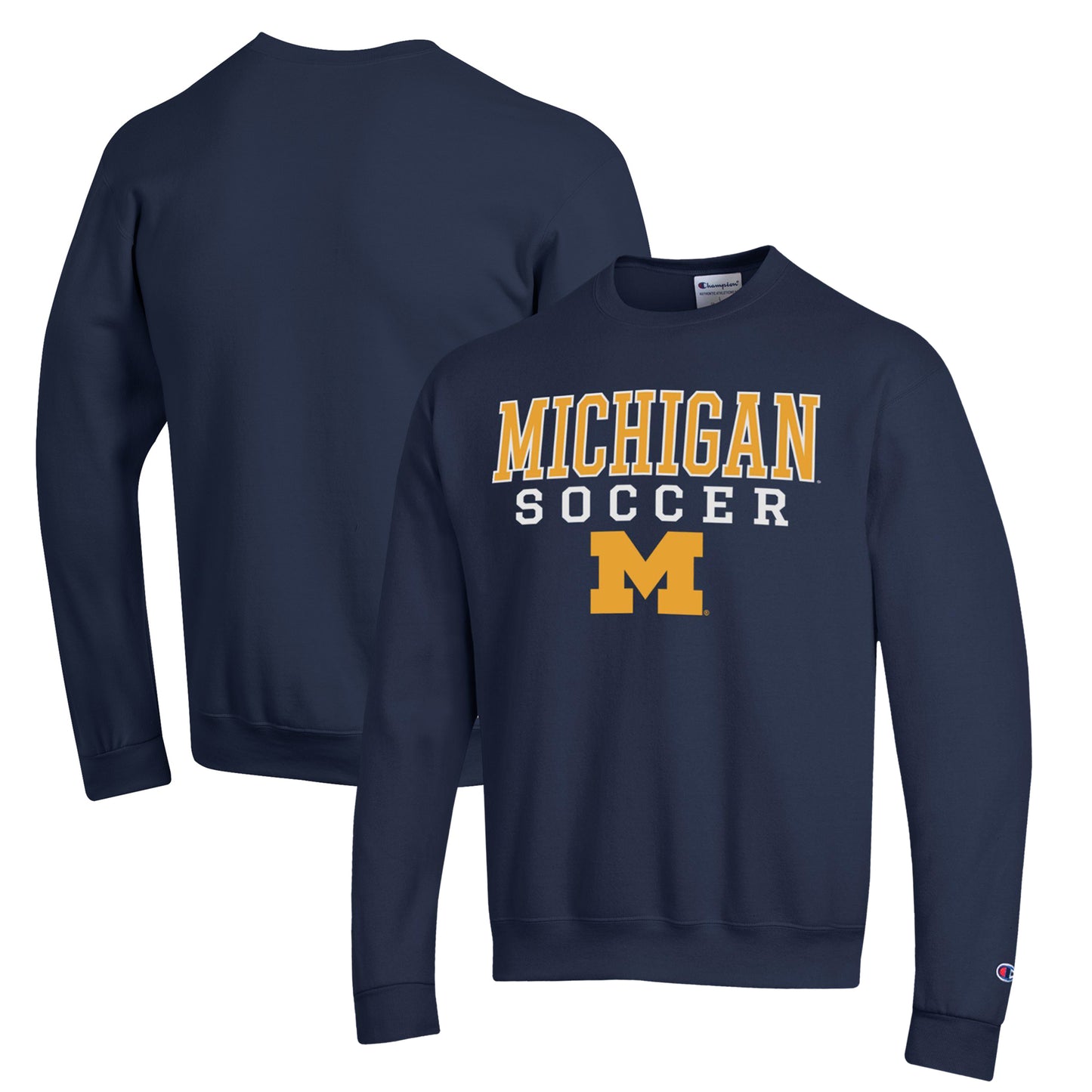 Men's Champion Navy Michigan Wolverines Soccer Stack Logo Powerblend Pullover Sweatshirt