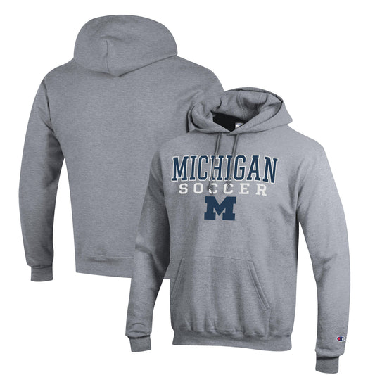 Men's Champion Gray Michigan Wolverines Soccer Stack Logo Powerblend Pullover Hoodie