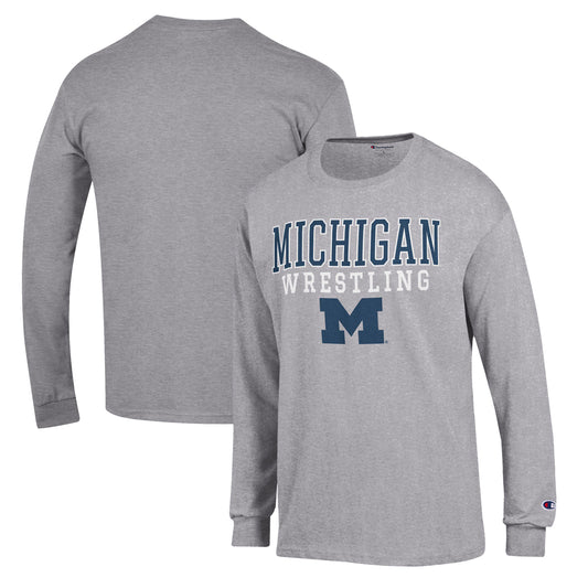 Men's Champion Gray Michigan Wolverines Wrestling Stack Logo Long Sleeve T-Shirt